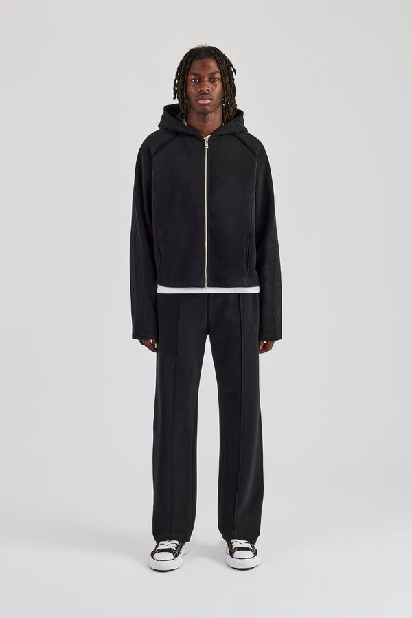 Boxy Raglan Embroidered Zip Through Tracksuit - Black