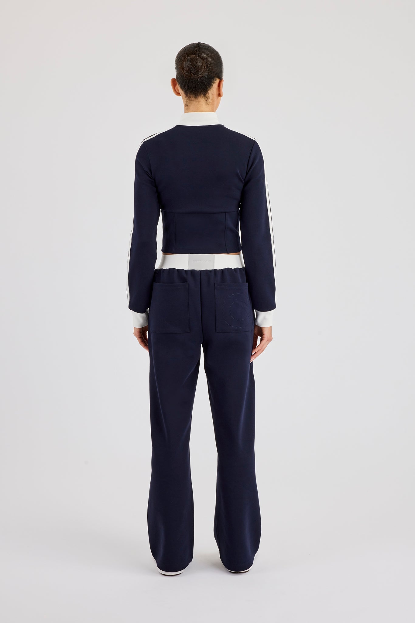 Soft Touch Stripe Zip Through Track Jacket & Wide Leg Jogger - Navy Blue
