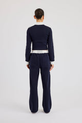 Soft Touch Stripe Zip Through Track Jacket & Wide Leg Jogger - Navy Blue