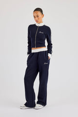 Soft Touch Stripe Zip Through Track Jacket & Wide Leg Jogger - Navy Blue