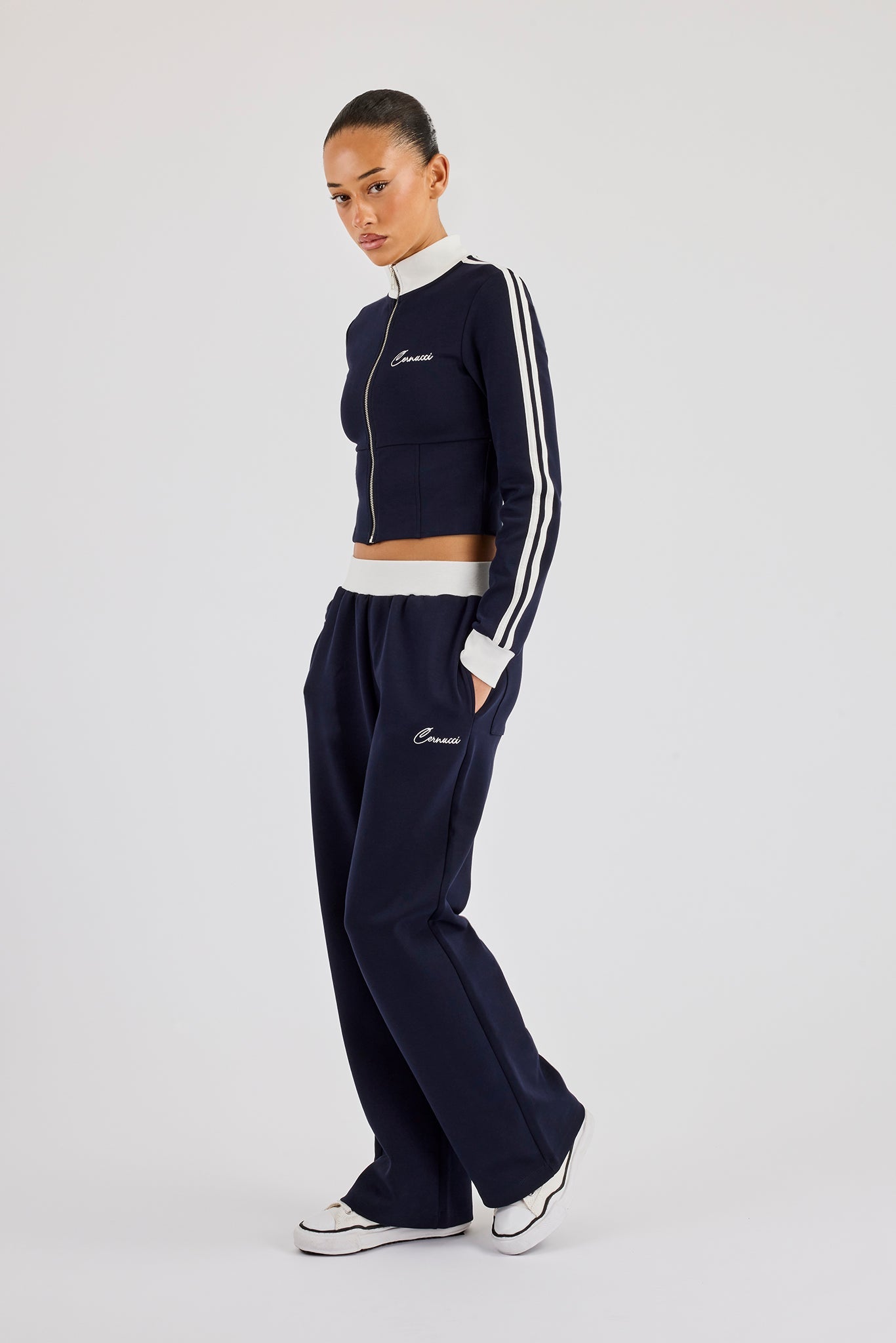 Soft Touch Stripe Zip Through Track Jacket & Wide Leg Jogger - Navy Blue