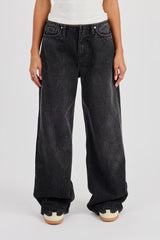 Baggy Low Waistbandless Detail Jean - Washed Black