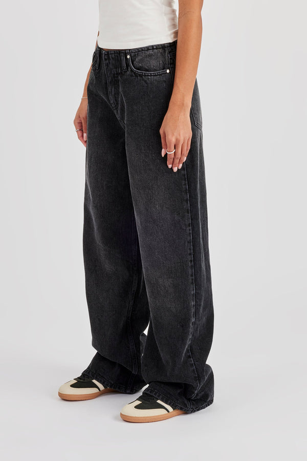Baggy Low Waistbandless Detail Jean - Washed Black