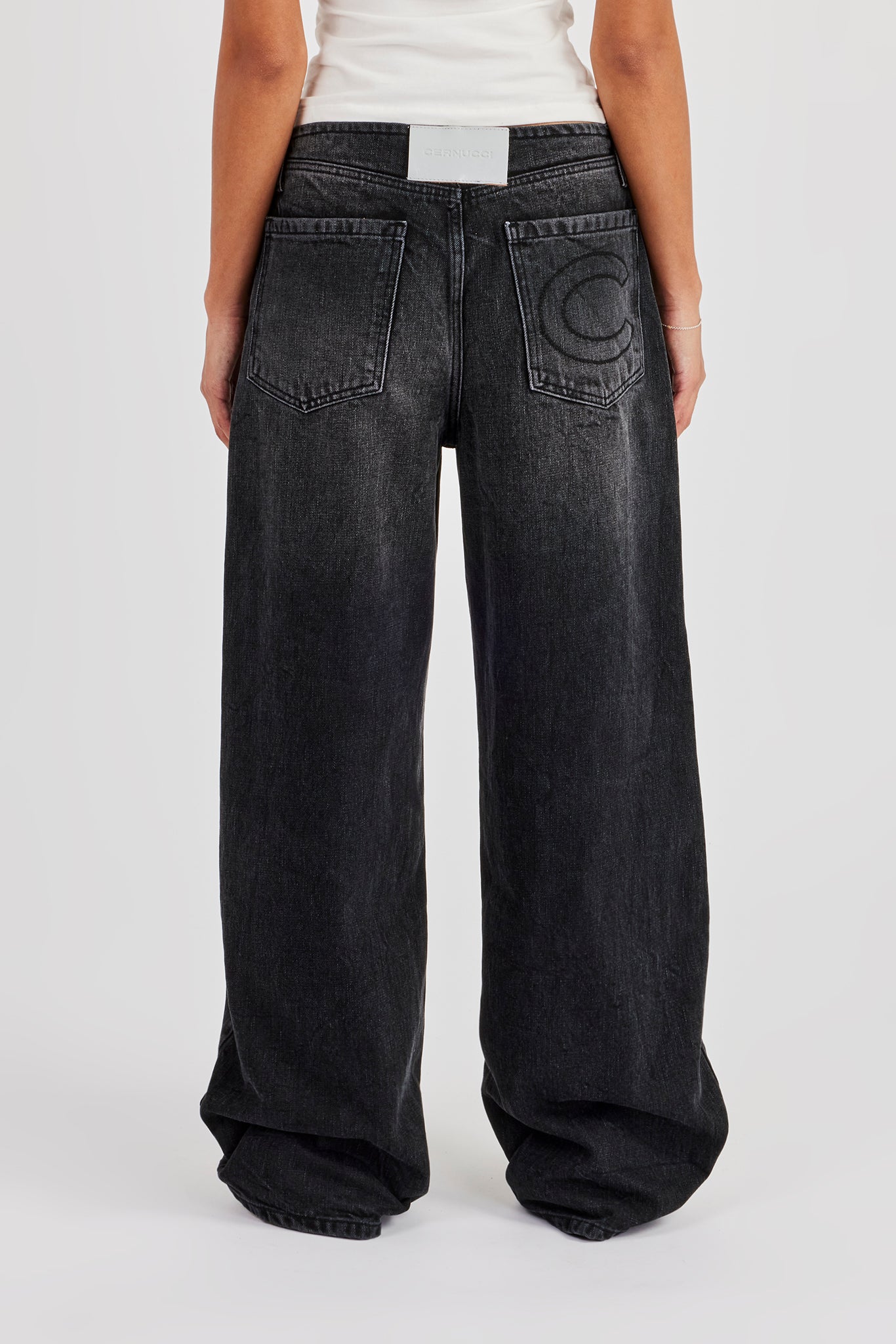 Baggy Low Waistbandless Detail Jean - Washed Black