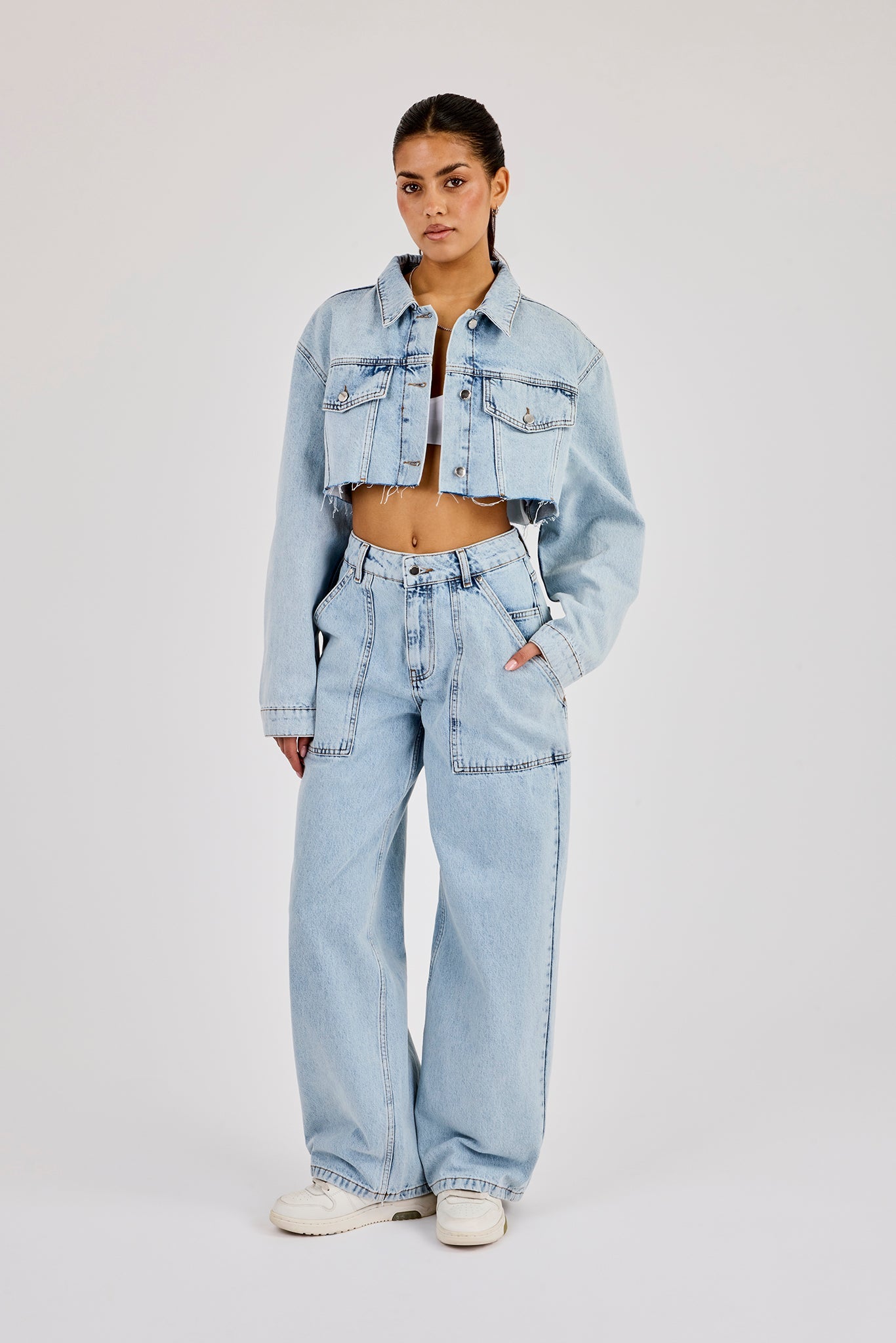 Super Cropped Denim Jacket & Pocket Detail Jean - Light Blue