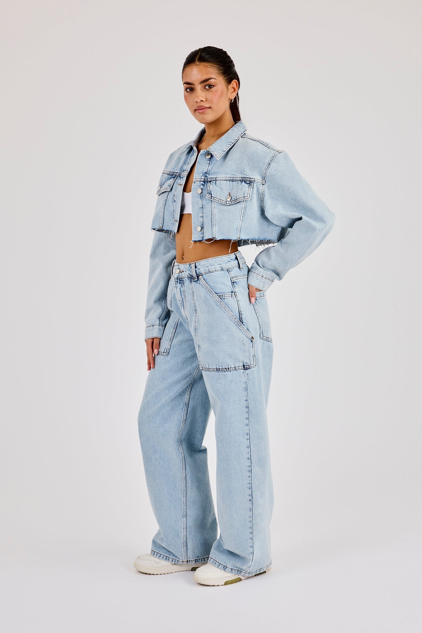 Super Cropped Denim Jacket & Pocket Detail Jean - Light Blue