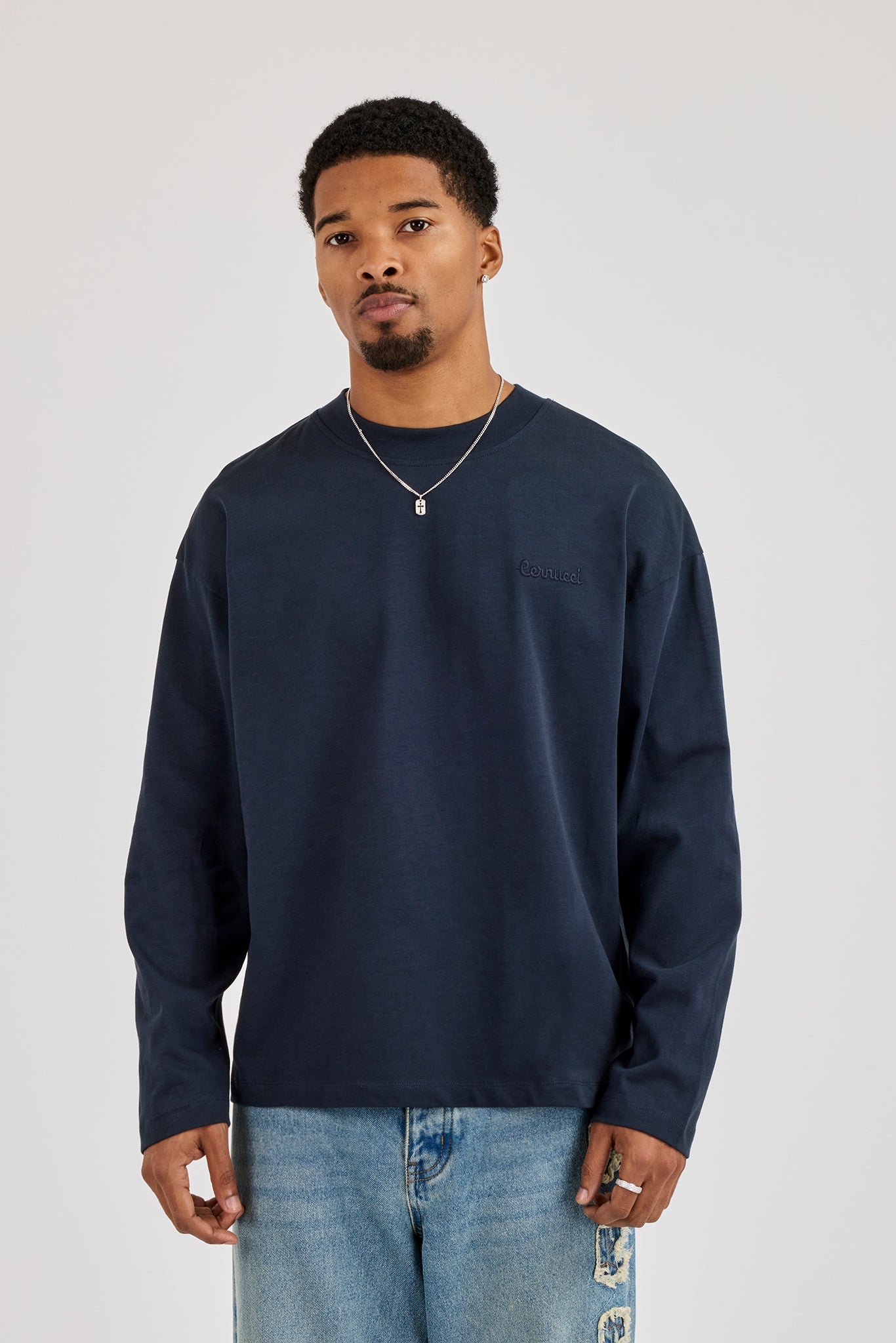 Long Sleeve Embroidered T-Shirt - Navy