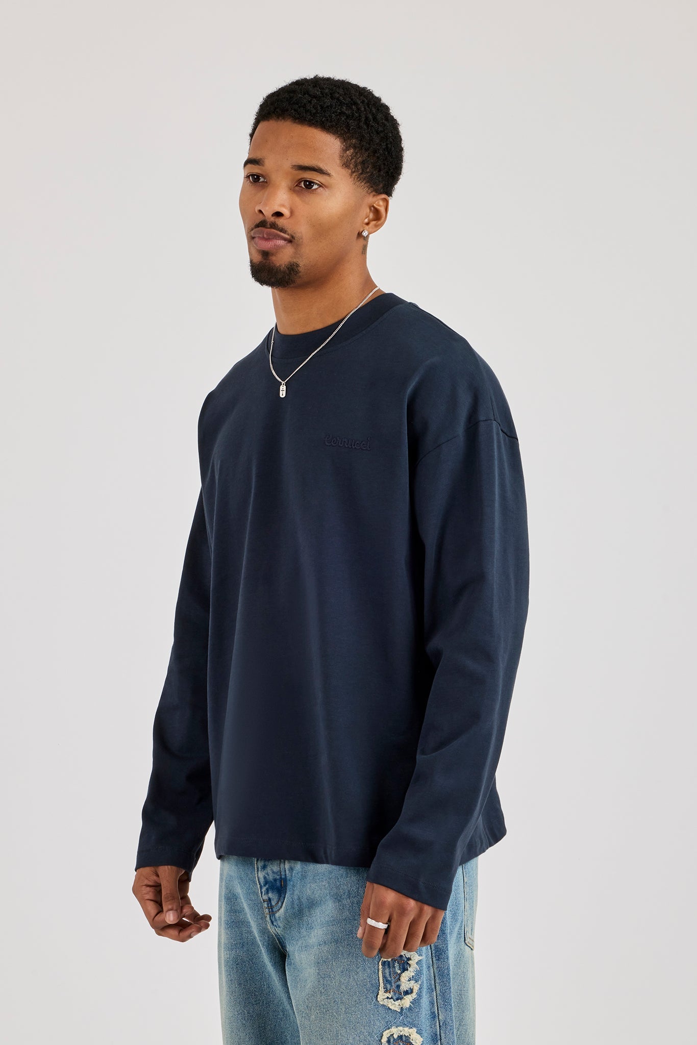 Long Sleeve Embroidered T-Shirt - Navy
