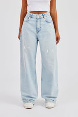 Distressed Paint Splatter Jean - Ice Blue