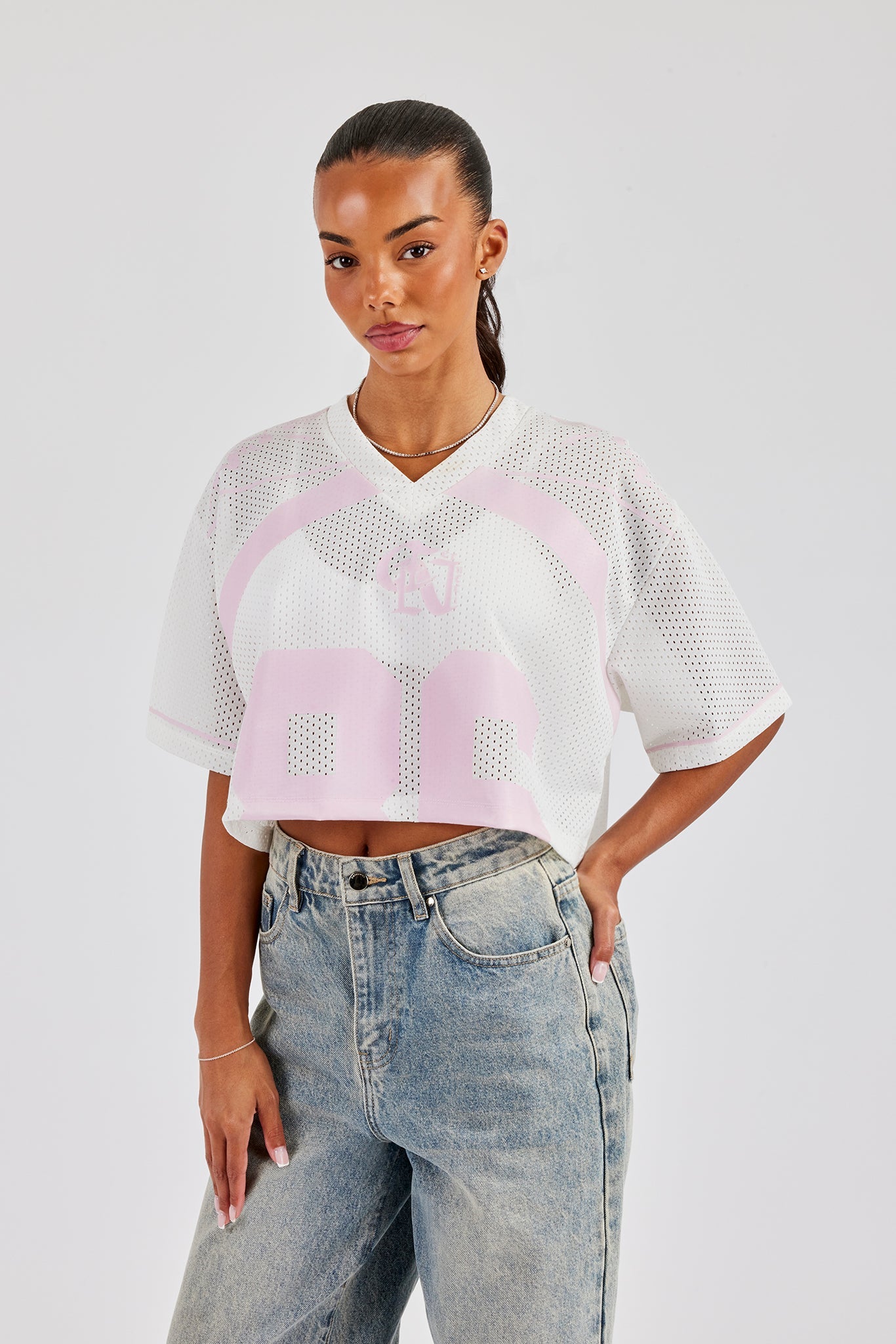 Mesh Cropped Pink 86 Top - White