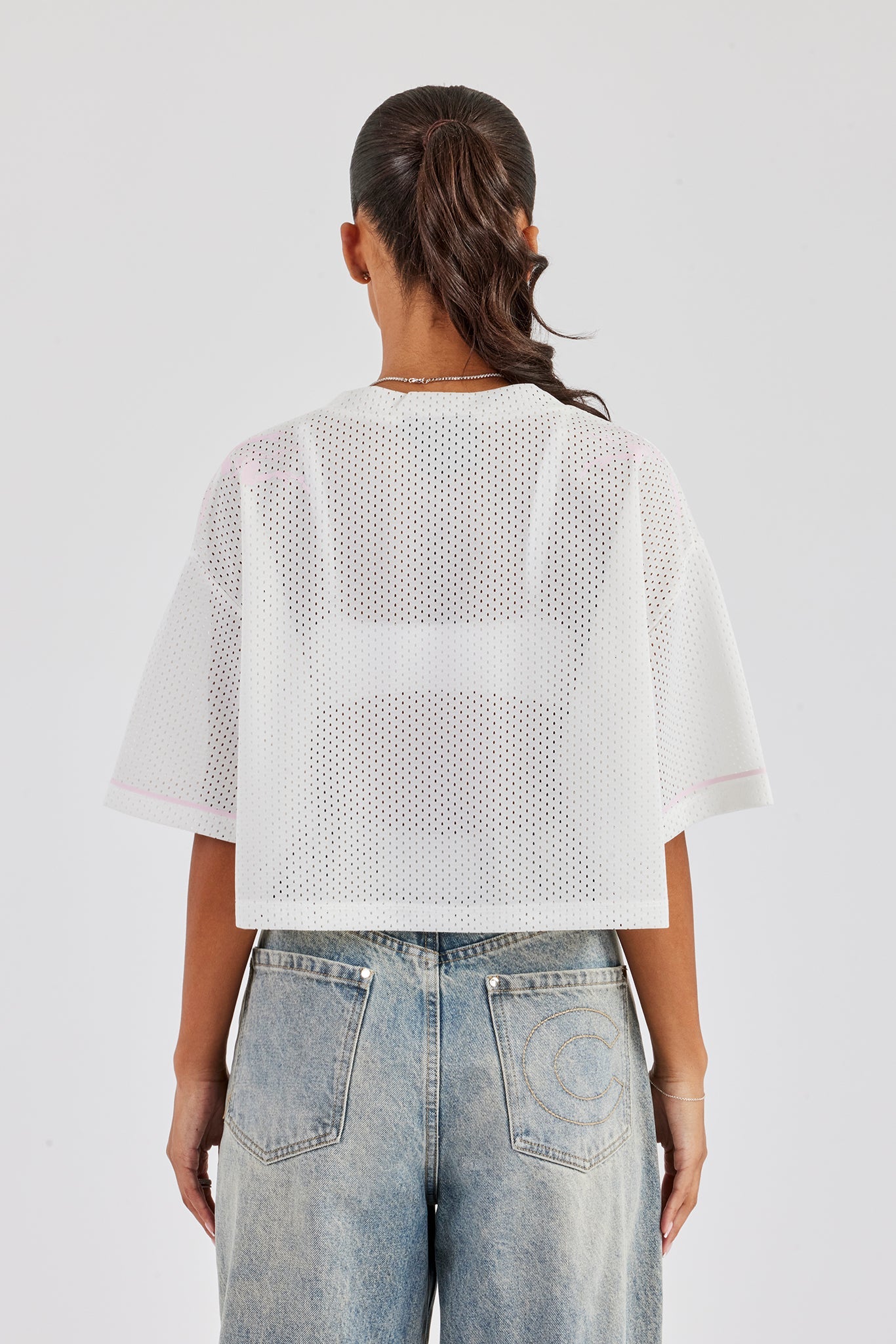 Mesh Cropped Pink 86 Top - White