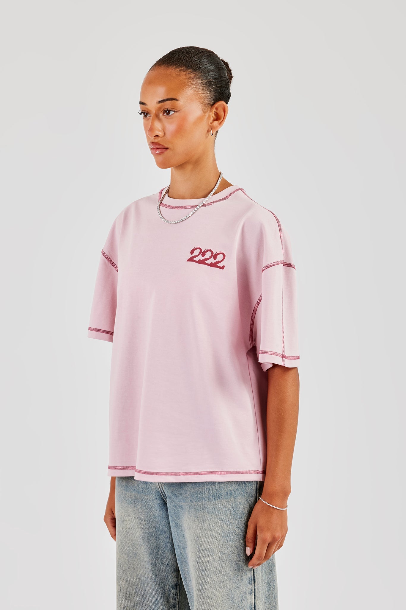 222 Cherub Contrast Stitch Oversized T-Shirt - Pink
