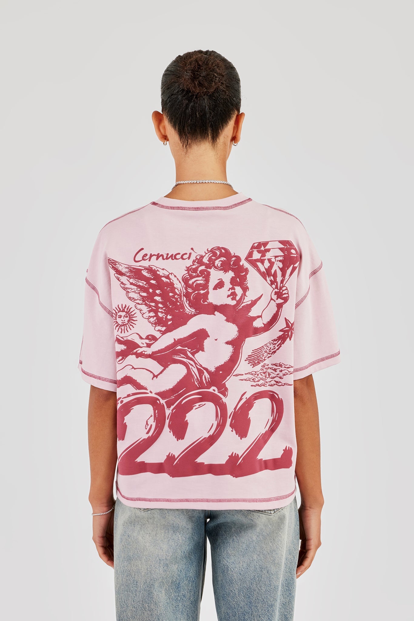 222 Cherub Contrast Stitch Oversized T-Shirt - Pink