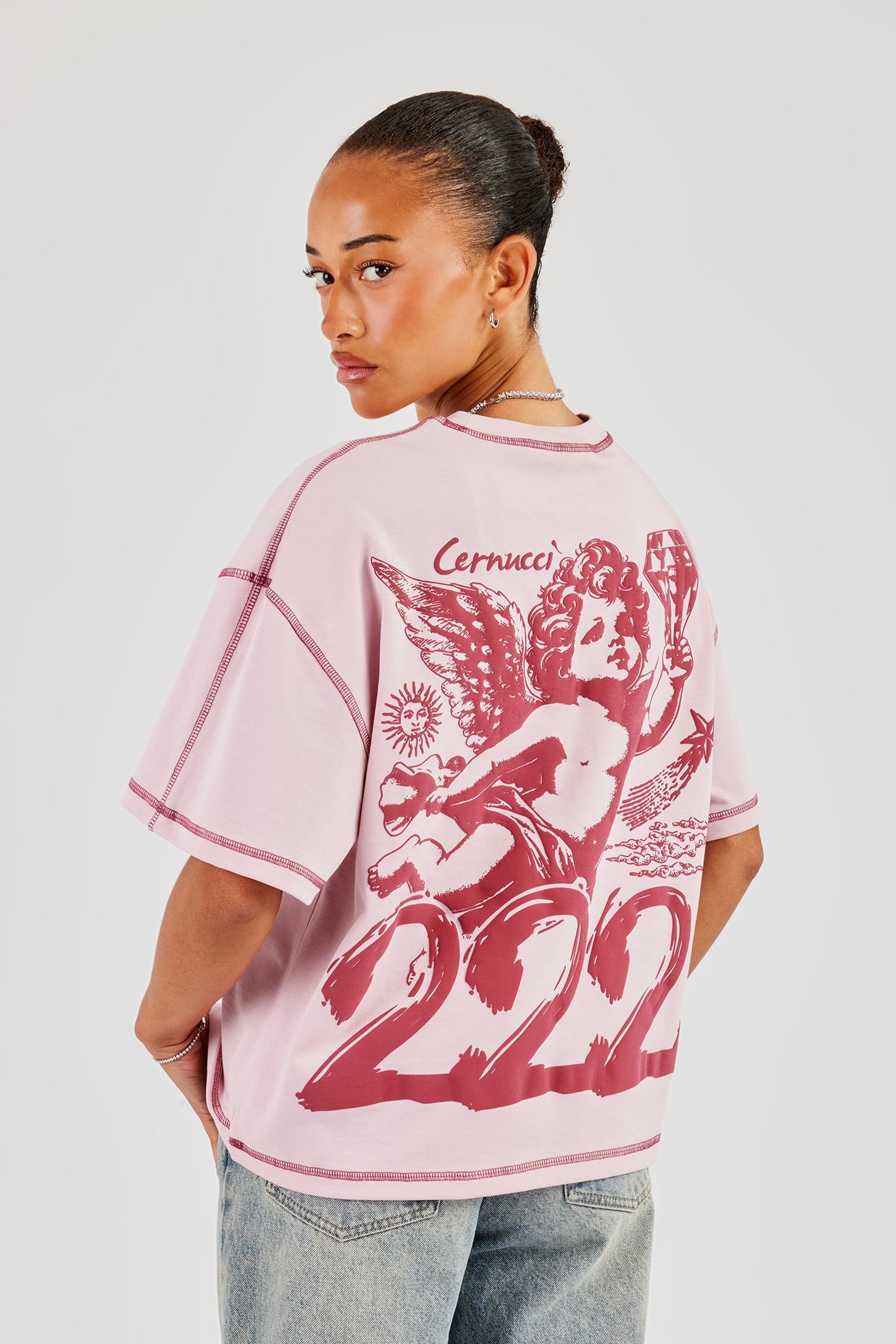 222 Cherub Contrast Stitch Oversized T-Shirt - Pink