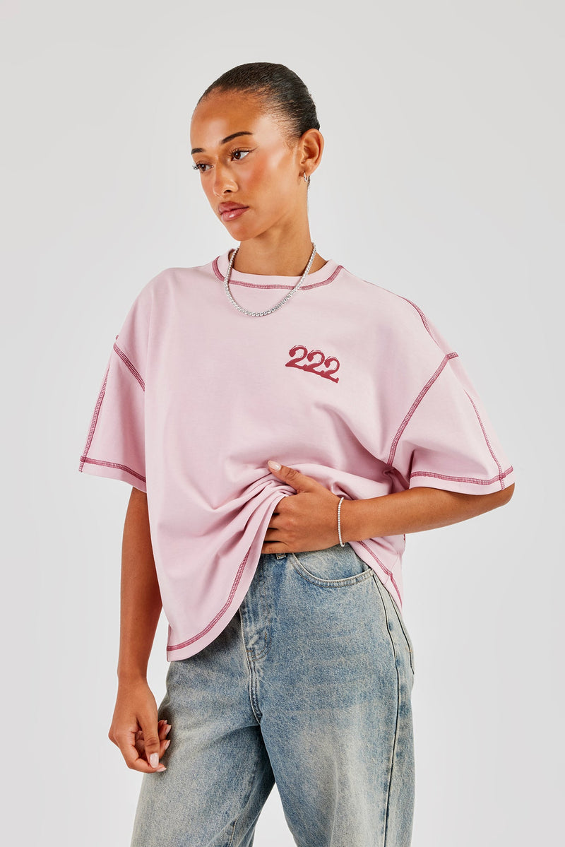 222 Cherub Contrast Stitch Oversized T-Shirt - Pink