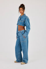 Super Cropped Denim Jacket & Baggy Pocket Detail Jean - Mid Blue