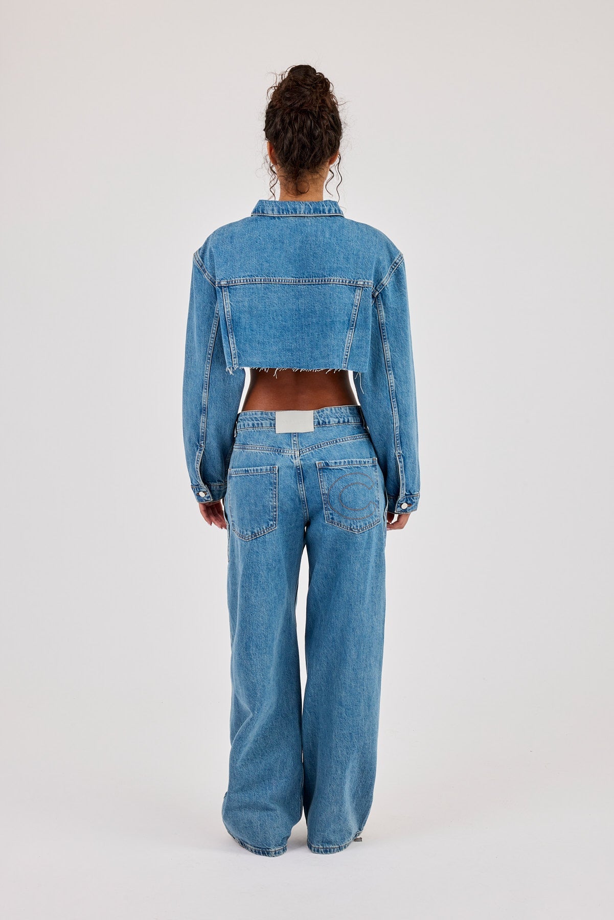Super Cropped Denim Jacket & Baggy Pocket Detail Jean - Mid Blue