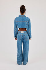 Super Cropped Denim Jacket & Baggy Pocket Detail Jean - Mid Blue
