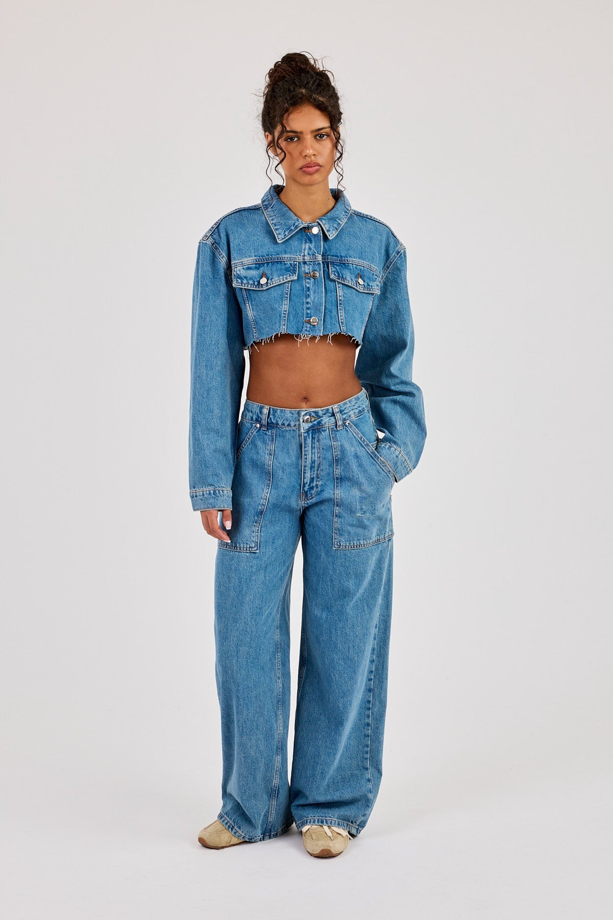 Super Cropped Denim Jacket & Baggy Pocket Detail Jean - Mid Blue