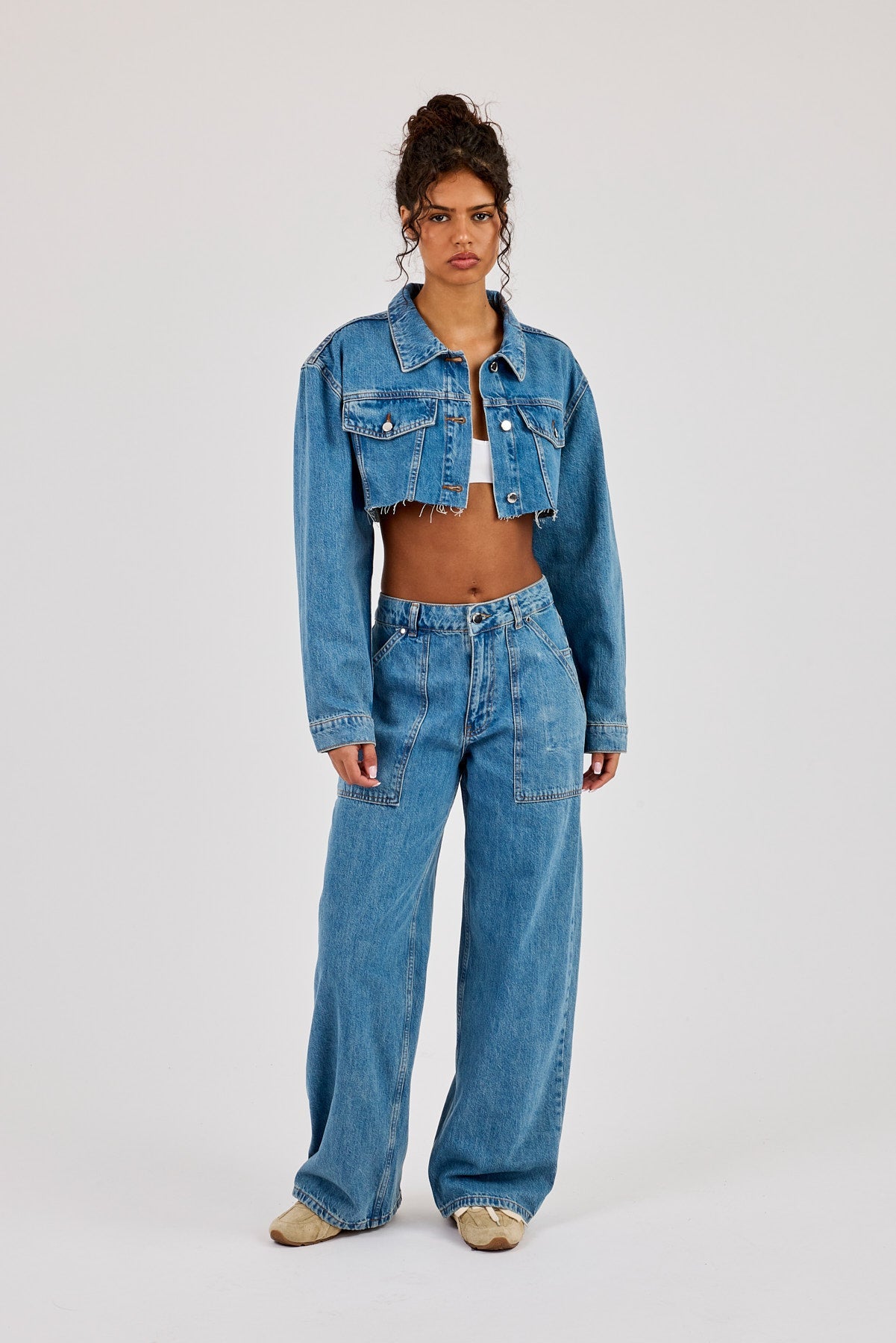 Super Cropped Denim Jacket & Baggy Pocket Detail Jean - Mid Blue