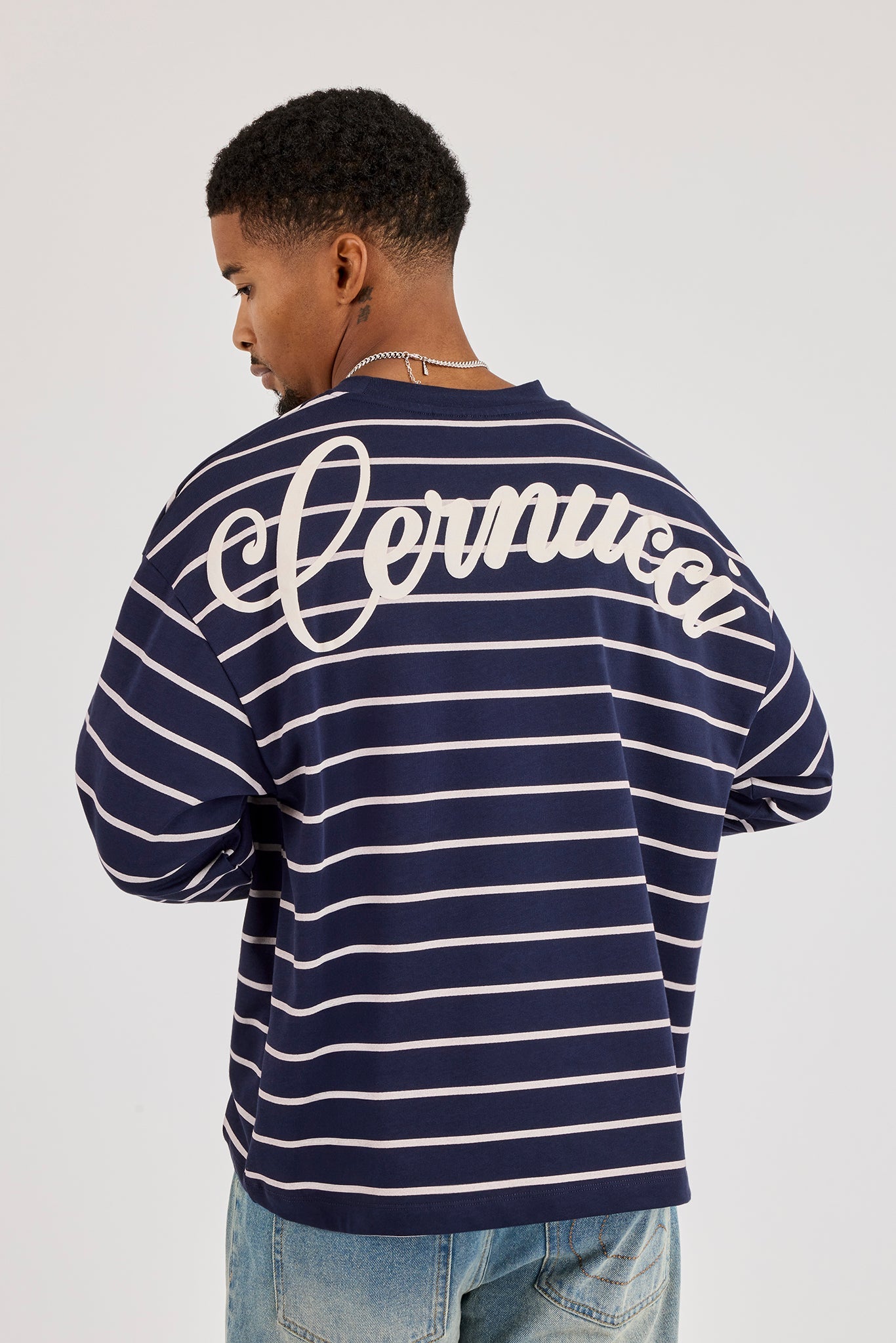 Long Sleeve Stripe Logo T-Shirt - Navy