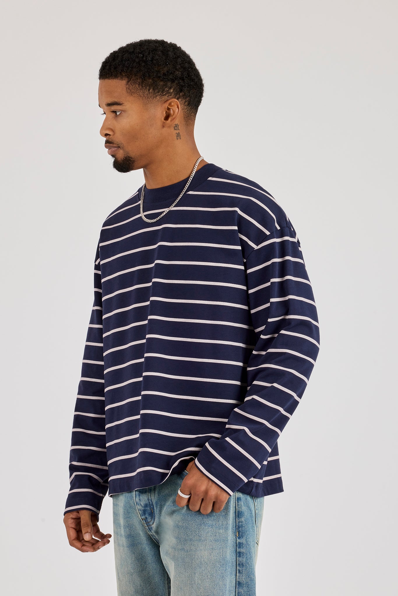 Long Sleeve Stripe Logo T-Shirt - Navy