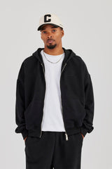 Zip Through Boxy Hoodie - Black