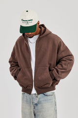 Zip Through Boxy Hoodie - Coffee