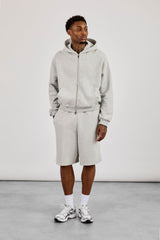 Zip Through Boxy Hoodie & Embroidered Jersey Jort - Grey Marl