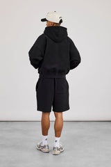 Zip Through Boxy Hoodie & Relaxed Jersey Short  - Black