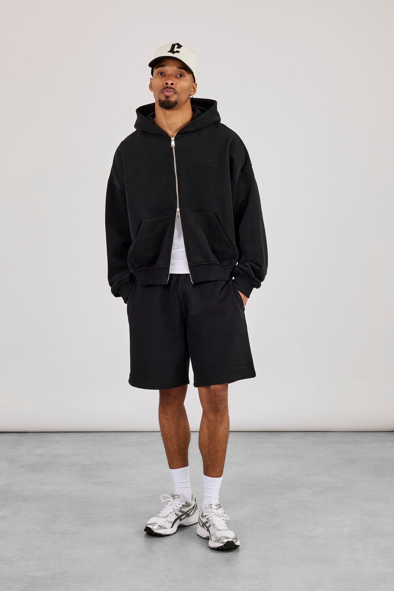Zip Through Boxy Hoodie & Relaxed Jersey Short  - Black