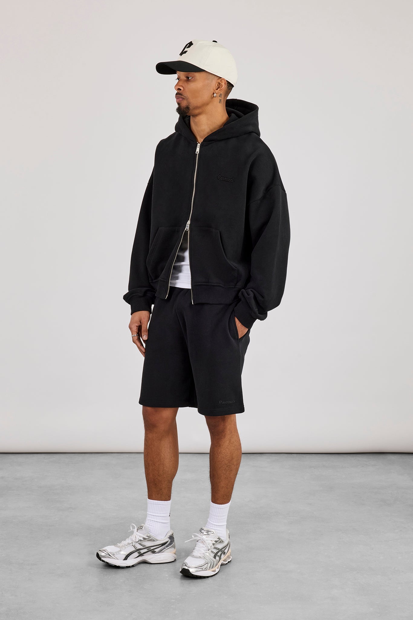 Zip Through Boxy Hoodie & Relaxed Jersey Short  - Black