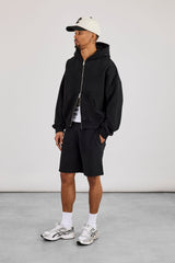 Zip Through Boxy Hoodie & Relaxed Jersey Short  - Black