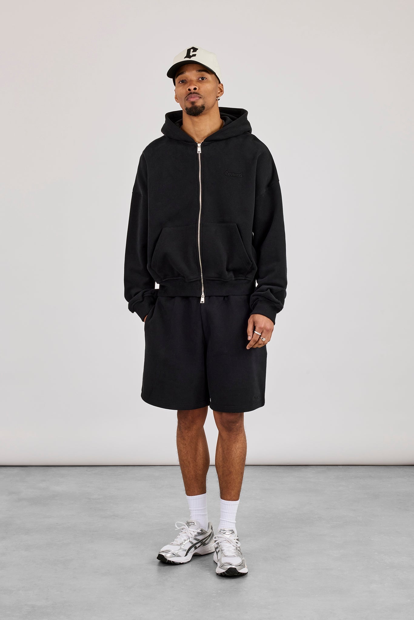 Zip Through Boxy Hoodie & Relaxed Jersey Short  - Black