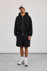 Zip Through Boxy Hoodie & Relaxed Jersey Short  - Black
