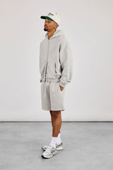 Zip Through Boxy Hoodie & Relaxed Jersey Short  - Grey Marl