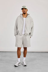 Zip Through Boxy Hoodie & Relaxed Jersey Short  - Grey Marl