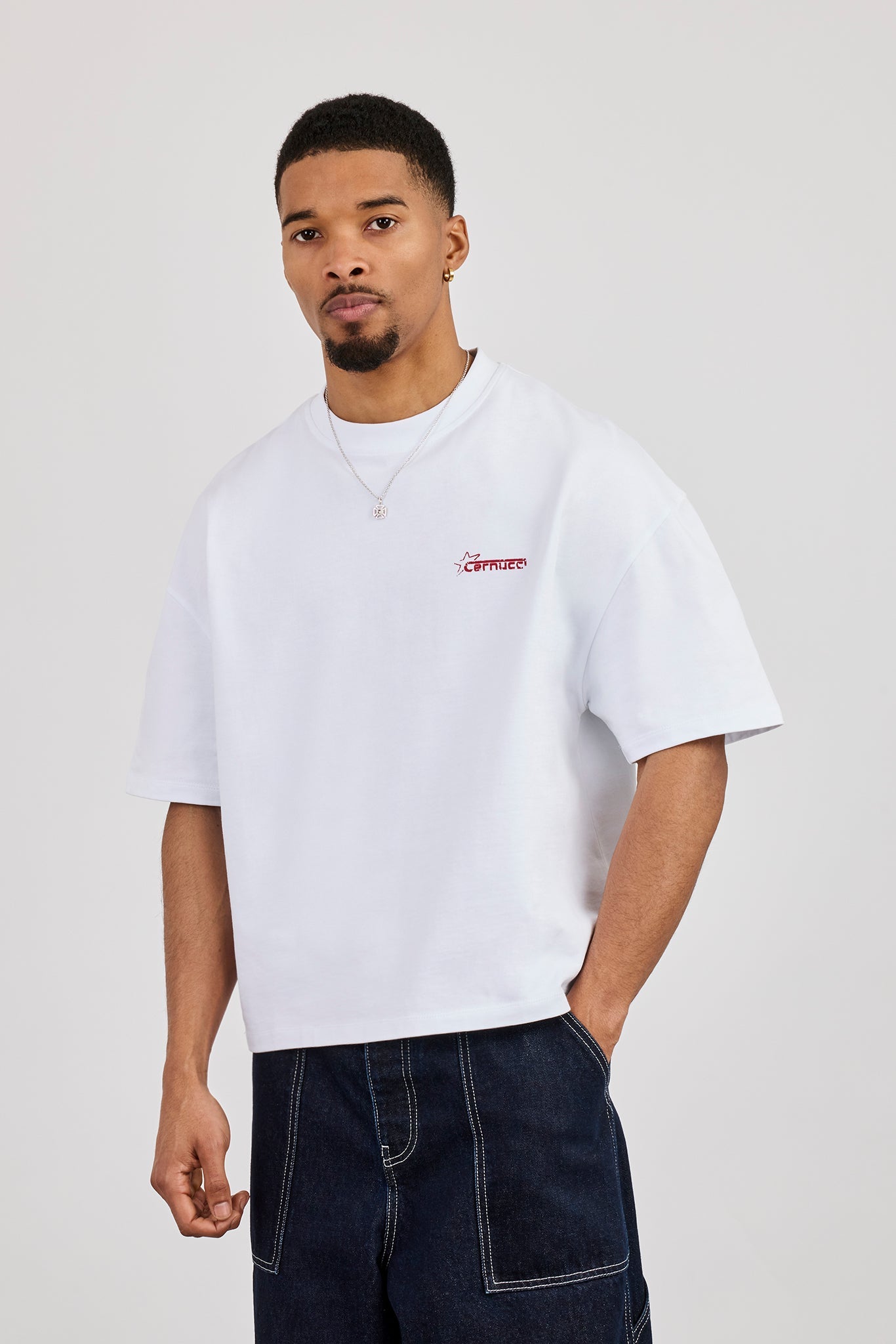 Boxy CN Est 2017 Stitch Detail Printed T-Shirt - White