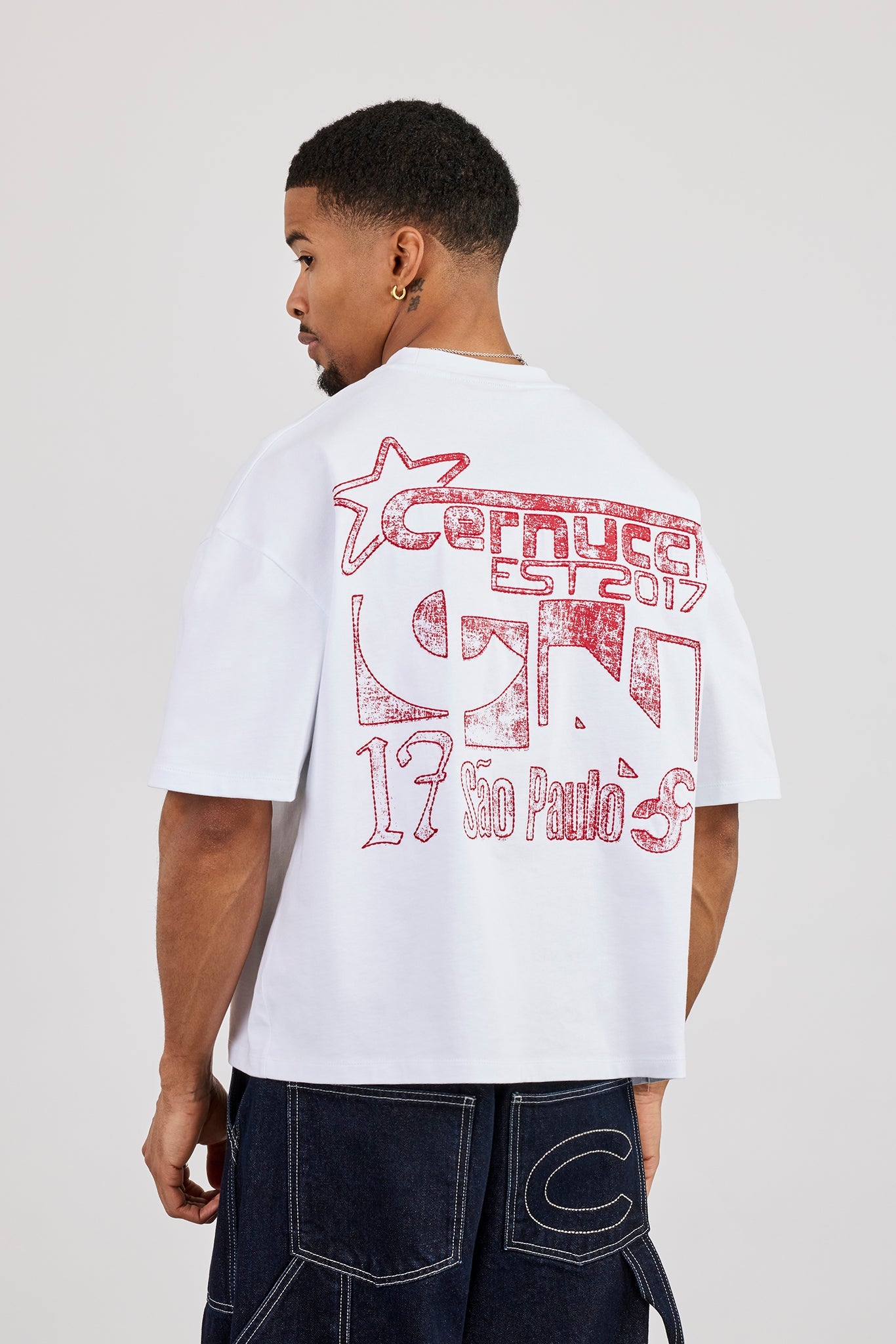 Boxy CN Est 2017 Stitch Detail Printed T-Shirt - White
