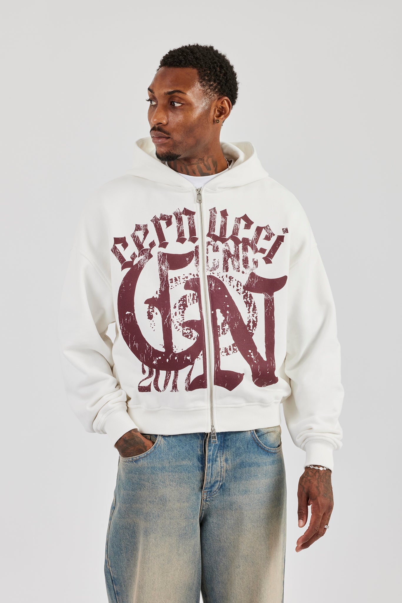 CN17 Boxy Zip Through Hoodie - Off White | Mens Hoodies & Sweats