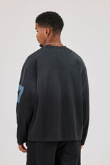 Washed Long Sleeve Moto Graphic T-Shirt - Charcoal