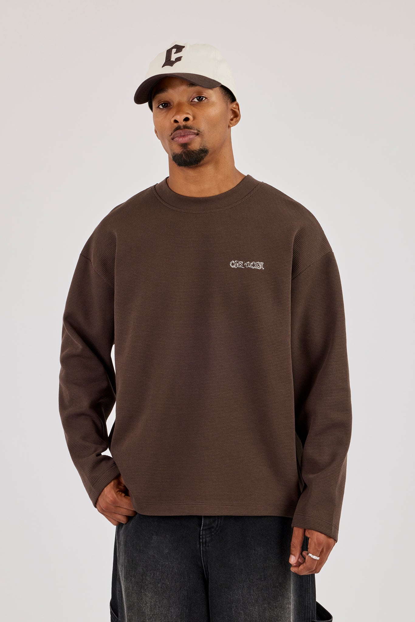 Waffle Long Sleeve Est 2017 Print T-Shirt - Brown