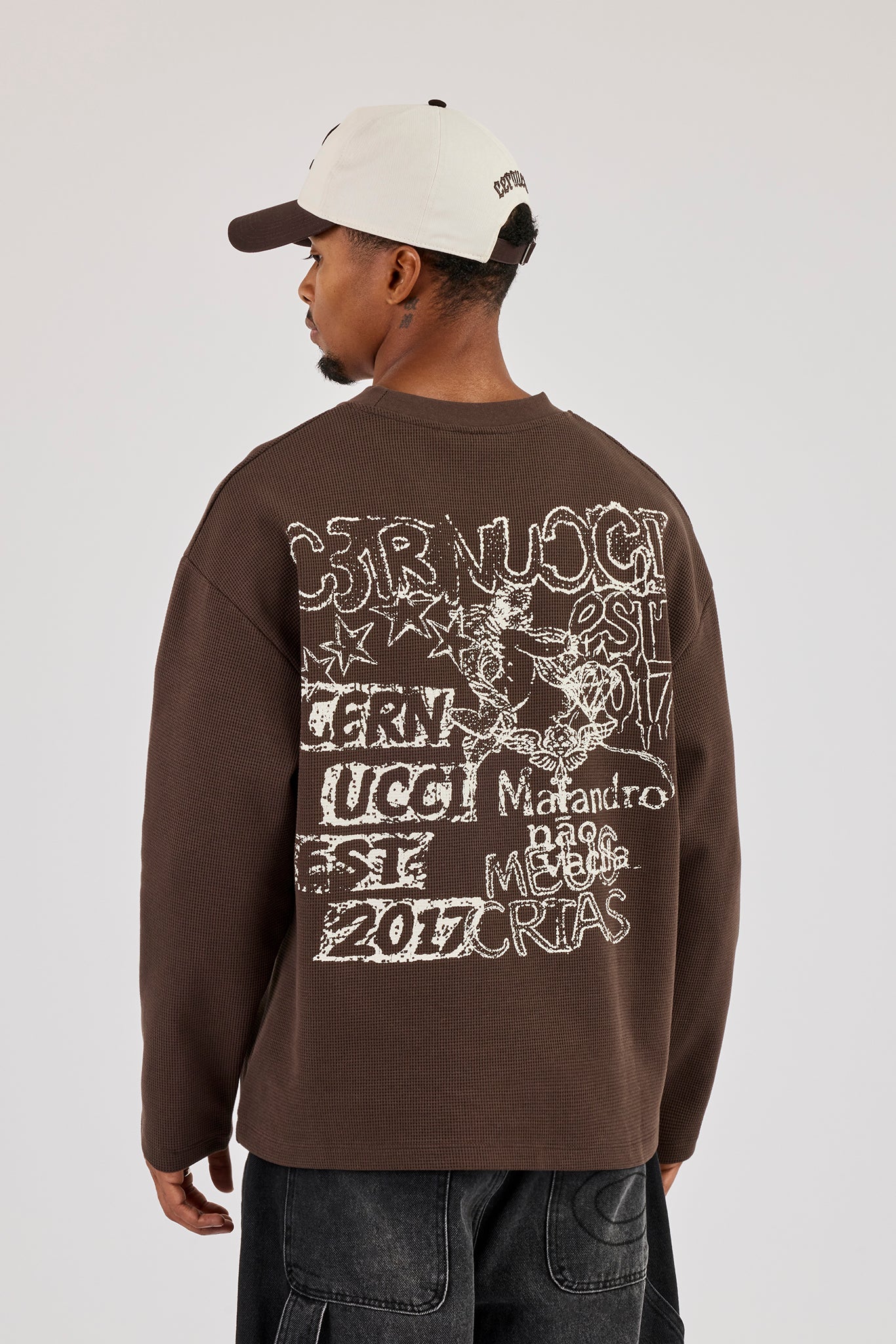 Waffle Long Sleeve Est 2017 Print T-Shirt - Brown