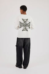 Waffle Camo Motif Long Sleeve T-Shirt - Off White