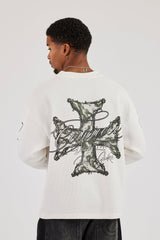 Waffle Camo Motif Long Sleeve T-Shirt - Off White