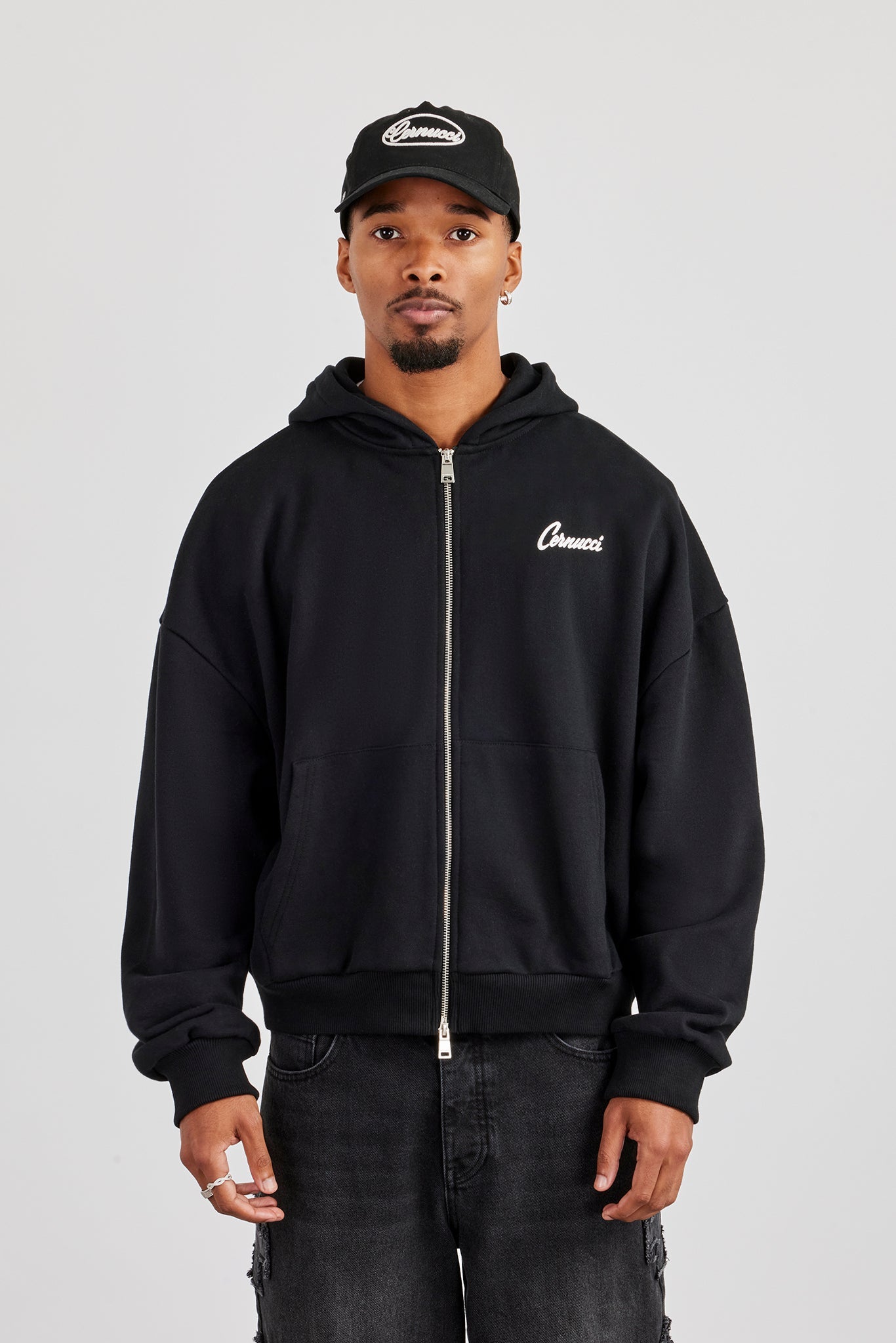 Cernucci Cherub Zip Through Boxy Hoodie - Black