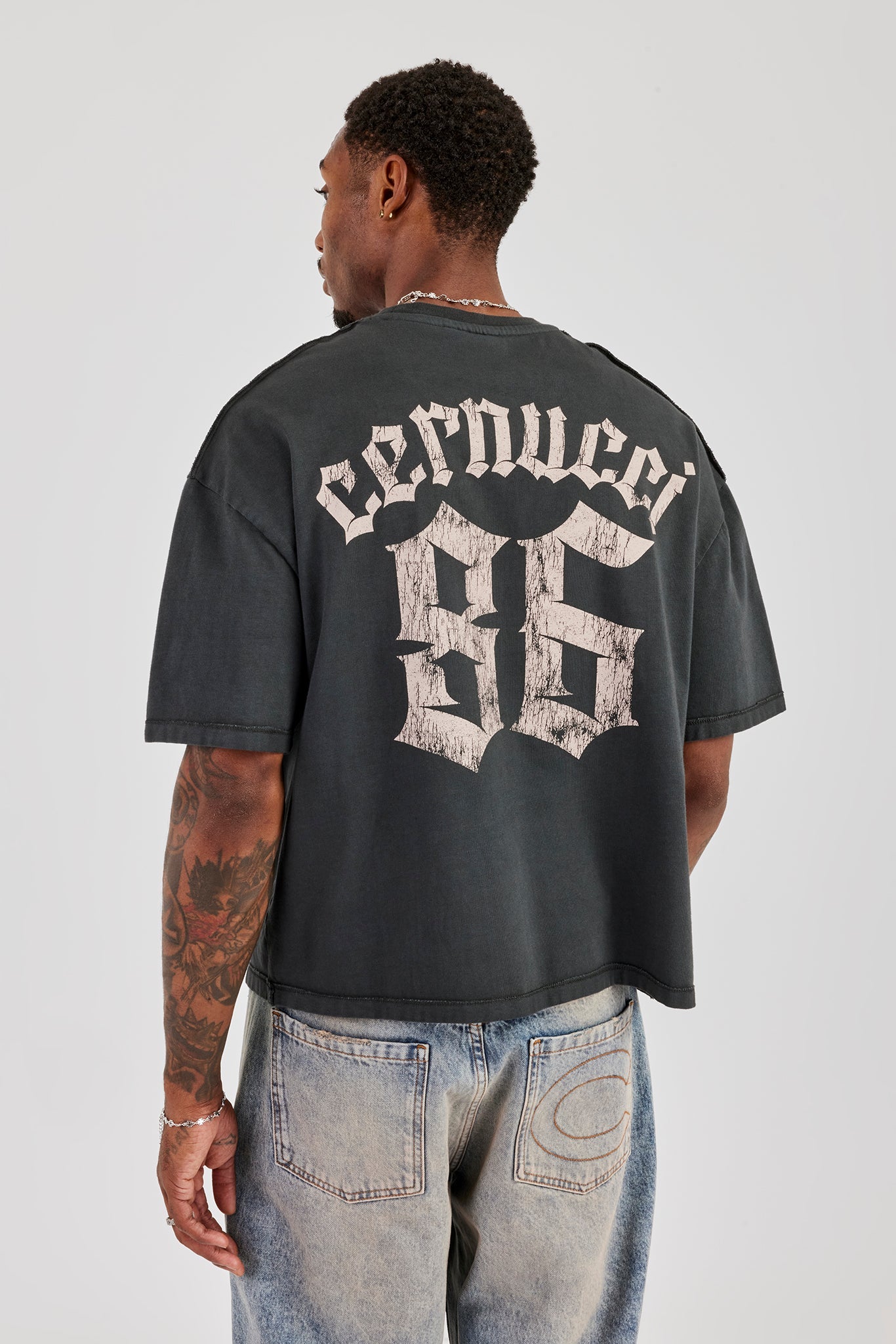 Washed Printed Boxy T-Shirt - Charcoal