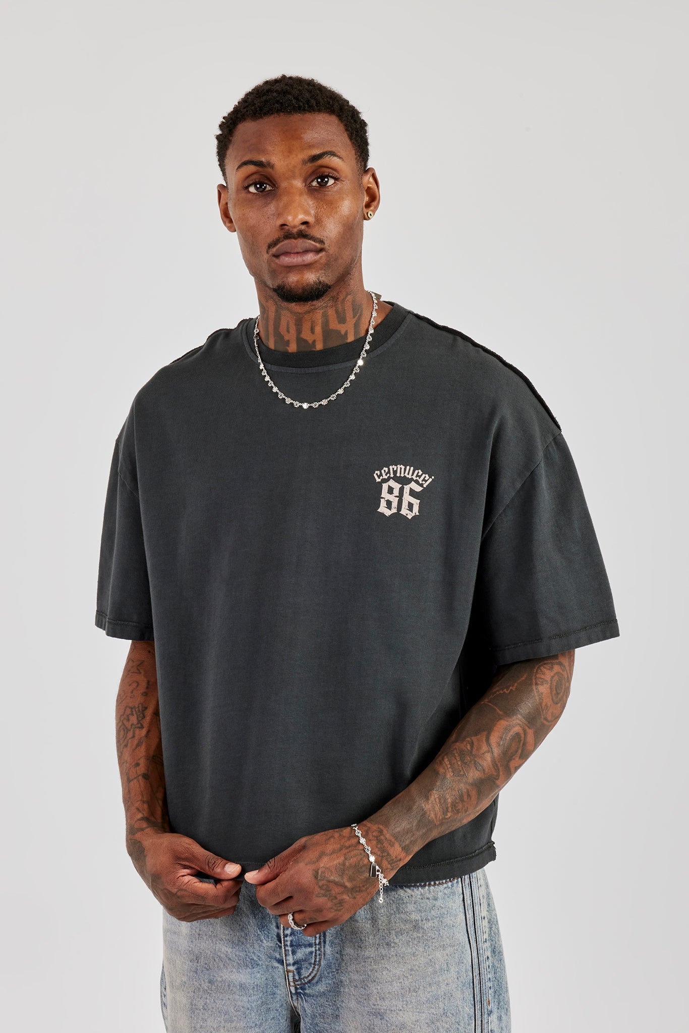 Washed Printed Boxy T-Shirt - Charcoal