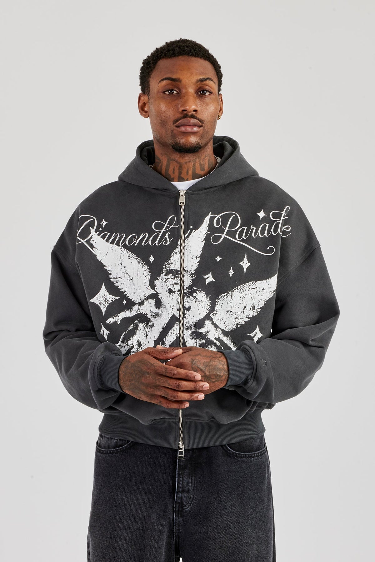 Diamonds In Paradise Printed Boxy Zip Hoodie – Charcoal | Mens 