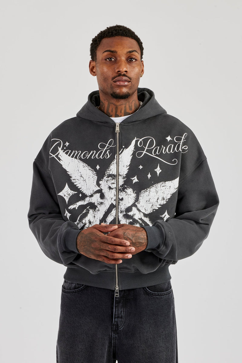 Diamonds In Paradise Printed Boxy Zip Hoodie  Charcoal